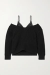 ALEXANDER WANG T COLD-SHOULDER SATIN AND LACE-TRIMMED CABLE-KNIT COTTON-BLEND SWEATER