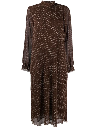 Ganni Pleated Georgette Dress In Brown