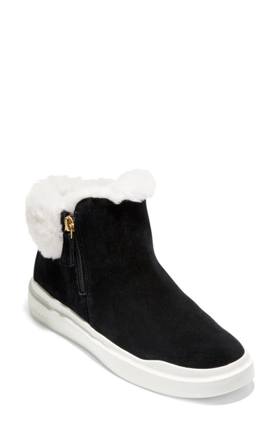 Cole Haan Grandpro Rally Faux Fur Trim Bootie In Black Suede/ Faux Shearling Wp