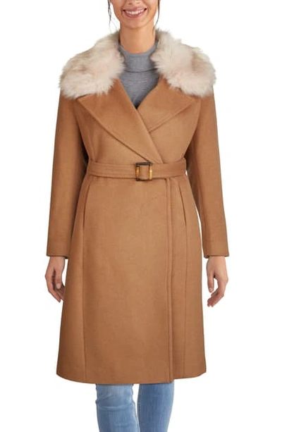 Cole Haan Signature Cole Haan Slick Wrap Coat With Faux Fur Trim In Camel