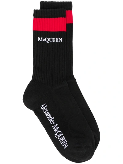 Alexander Mcqueen Logo Stripe Cotton Blend Socks In Black Red