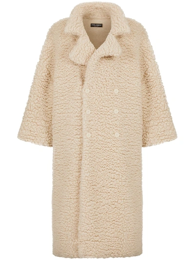 Dolce & Gabbana Double-breasted Shearling Coat In Neutrals