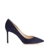 JIMMY CHOO ROMY 85 Navy Suede Pointy Toe Pumps,ROMY85SUE