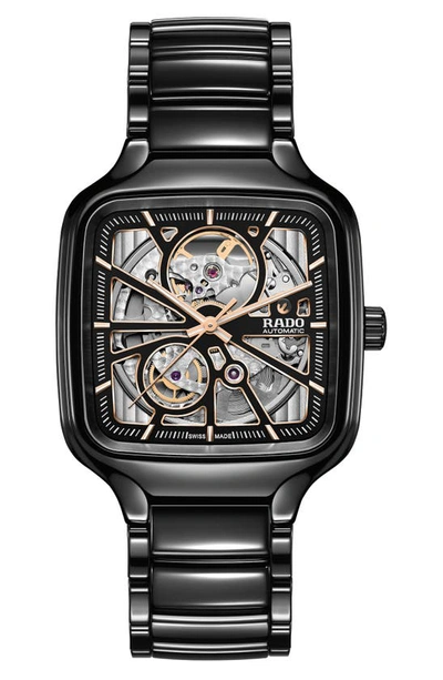Rado True Square Automatic Open Heart Ceramic Bracelet Watch In Black / Gold Tone / Rose / Rose Gold Tone