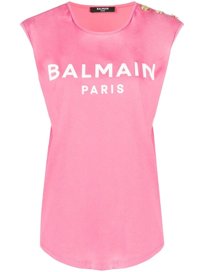Balmain Logo印花坦克背心 In Pink