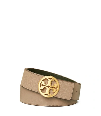 Tory Burch Women's 1 Reversible Leather Logo Belt In Gray Heron/poblano/gold