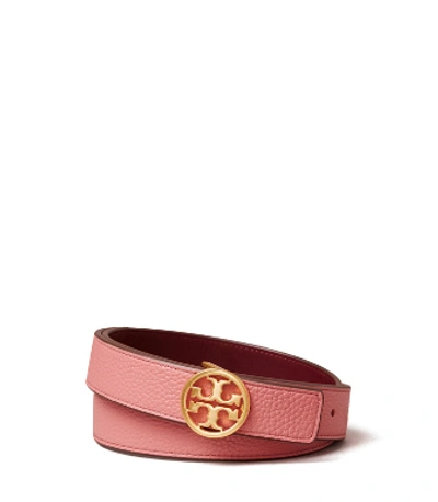 Tory Burch 1" Reversible Double T Belt In Pink Magnolia/port/gold