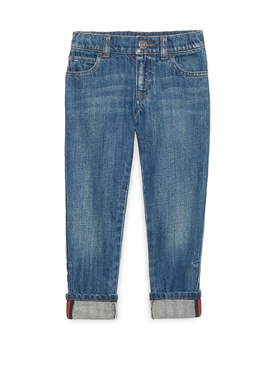 Gucci Light Blue Jeans With Multicolor Details In Ocean