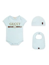 GUCCI BABY'S THREE-PIECE LOGO BODYSUIT, BIB & HAT SET,0400098576402