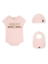 GUCCI BABY GIRL'S BODYSUIT, HAT & BIB SET,0400099726361
