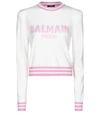 Balmain Intarsia Logo Wool & Cashmere Blend Crop Sweater In White