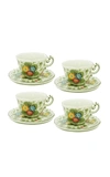 MODA DOMUS FIORITO BY MODA DOMUS; SET-OF-FOUR HAND-PAINTED CERAMIC TEACUP AND SAUCER