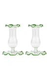 Moda Domus Set-of-two Small Scalloped Glass Candle Sticks In Blue,green