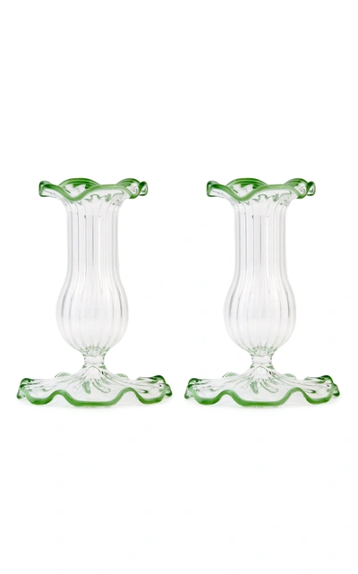 Moda Domus Set-of-two Small Scalloped Glass Candle Sticks In Blue,green