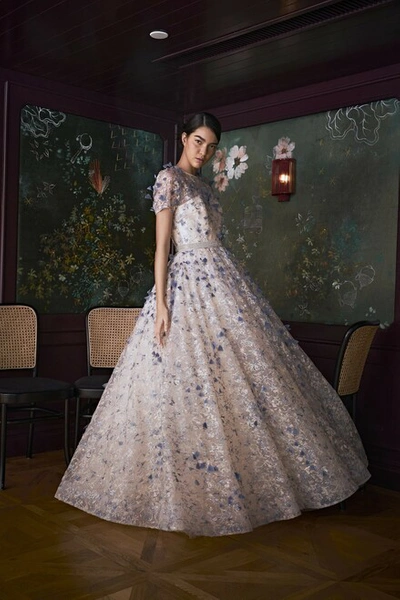 Khoon Hooi Lil Short Sleeve Sequin Floral Tulle Ball Gown In Neutrals