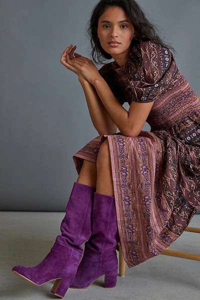 purple dress brown boots Finesse | Burgundy Lace And Velvet Square-Neck Maxi Dress With Draped Skirt main image 1