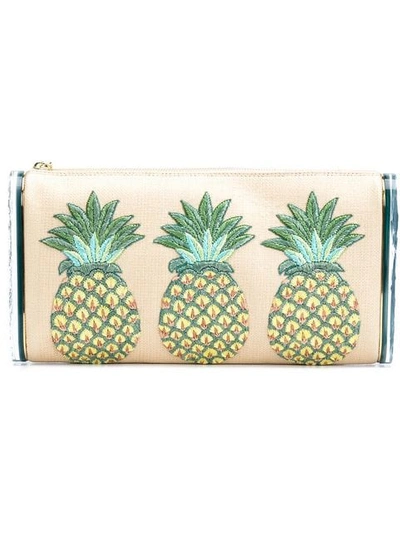 Edie Parker Jumbo Lara Pineapple Embroidered Raffia And Acrylic Box Clutch In Beige