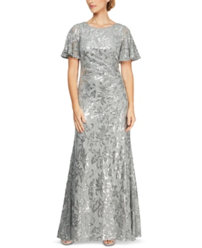 Alex Evenings Petite Sequinned Floral Gown In Gray/silver