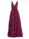 MARCHESA NOTTE V-NECK PRINTED TEXTURED TULLE GOWN,400011522413