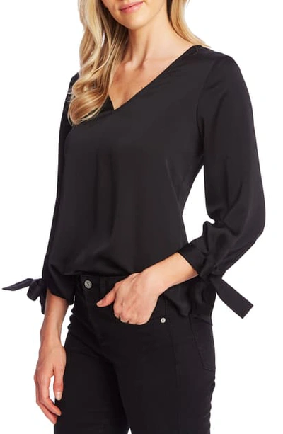 Cece Tie Cuff Satin Top In Rich Black