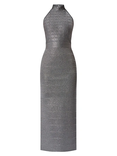 Herve Leger Crystal-embellished Metallic Bandage Halterneck Gown In Ebony