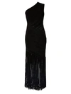 HERVE LEGER VELVET RIBBED ONE-SHOULDER FRINGE GOWN,400013192759