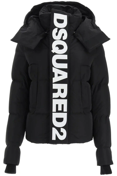 Dsquared2 Jacket Down Jacket With Maxi Logo And Hood In Black,white
