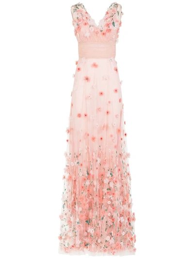 Dolce & Gabbana Long Dress In Tulle With Sequins And Mini Hand-embroidered Flowers In Multicolor