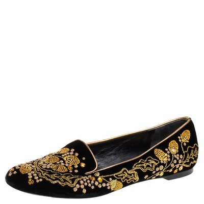 Pre-owned Alexander Mcqueen Black/gold Velvet Embroidered Acorn Smoking Slippers Size 36