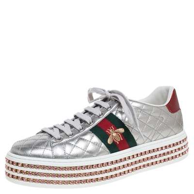 Pre-owned Gucci Silver Quilted Leather And Bee Web Detail New Ace Crystal Embellished Platform Trainers Size 38