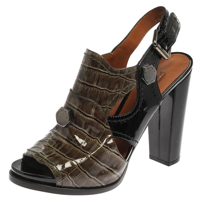 Pre-owned Marc Jacobs Green/black Croc Embossed Patent Leather Slingback Sandals Size 39.5