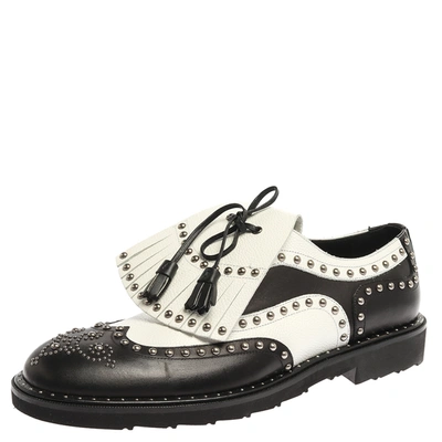 Pre-owned Dolce & Gabbana Black/white Studded Leather Brogue Detail Fringe Oxfords Size 42.5
