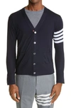 Thom Browne Merino Wool V-neck Cardigan With Four-bar Stripe In Blue