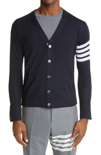 Thom Browne Merino Wool V-neck Cardigan With Four-bar Stripe In Blue