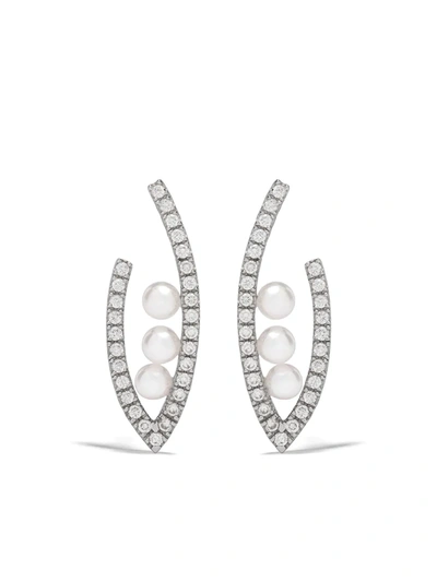Yoko London 18kt White Gold Sleek Akoya Pearl And Diamond Earrings In Silver