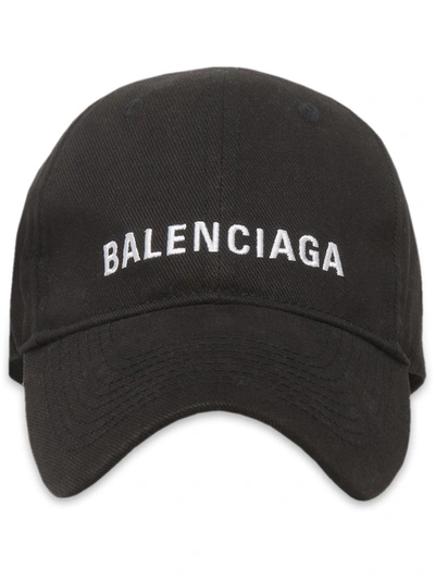 Balenciaga Logo Embroidered Cotton Baseball Hat In Black