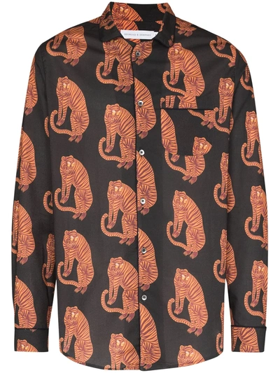 Desmond & Dempsey Sansindo Tiger-print Cotton Pyjama Shirt In Black