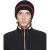 THOM BROWNE NAVY FINE MERINO COLLAGED LINKS RWB BEANIE