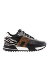 Hogan H383 Sneaker In Black Leather With Animalier Inserts In Black