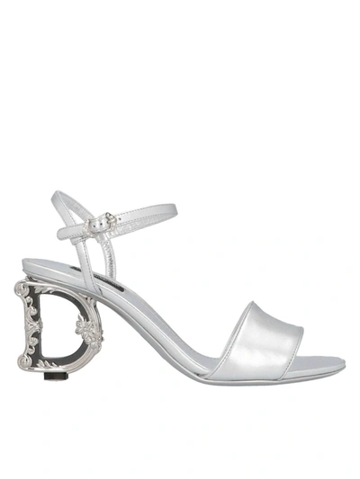 Dolce & Gabbana Logo Heel Sandals In Silver Color