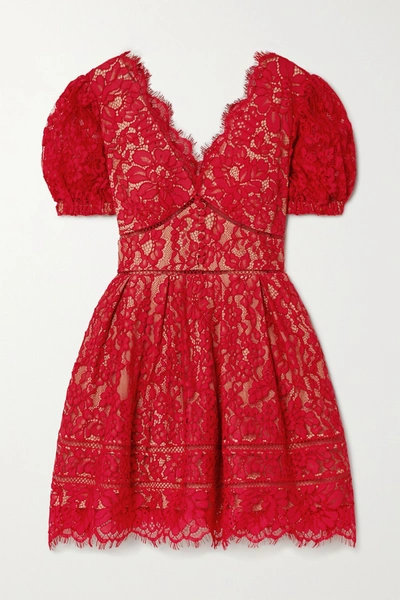Self-portrait Crochet-trimmed Cotton-blend Corded Lace Mini Dress In Red