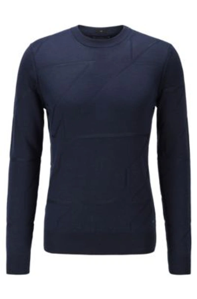 Hugo Boss - Italian Silk Sweater With Tonal Houndstooth Motif - Dark Blue
