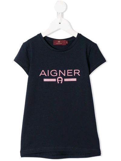 Aigner Kids' Short-sleeved Glitter Logo T-shirt In Blue