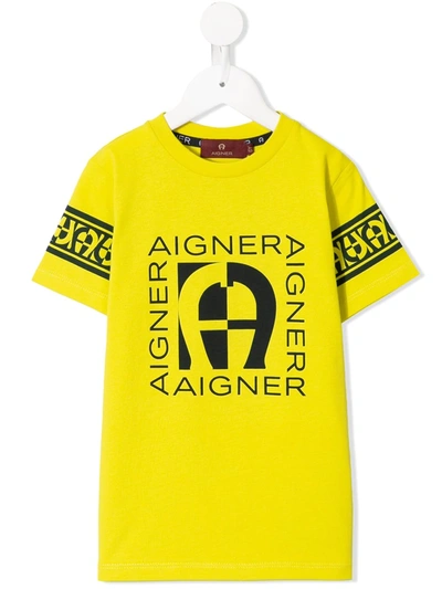 Aigner Kids' Crew Neck Logo Print T-shirt In Yellow