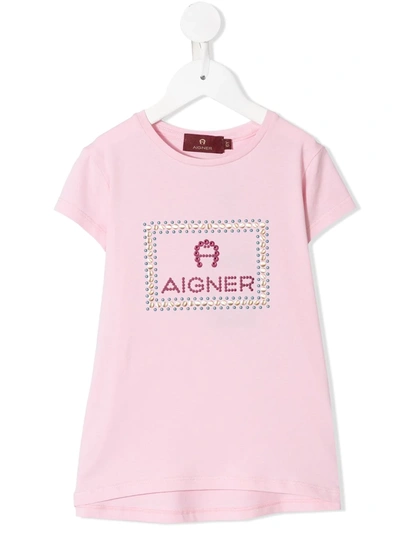 Aigner Kids' 水钻镶嵌logo T恤 In Pink