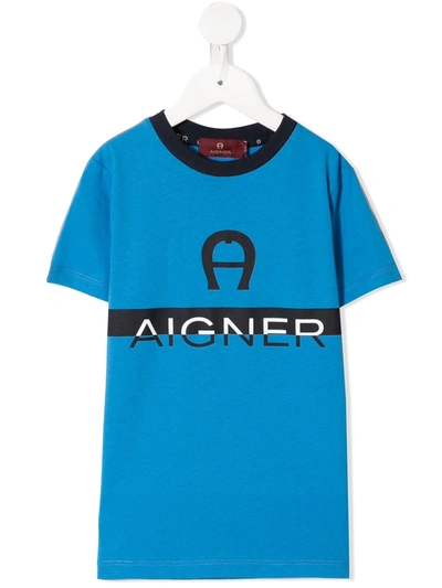 Aigner Kids' Crew Neck Logo Print T-shirt In Blue