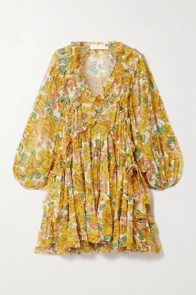 Zimmermann Poppy Ruffled Floral-print Silk-crepon Mini Dress In Yellow