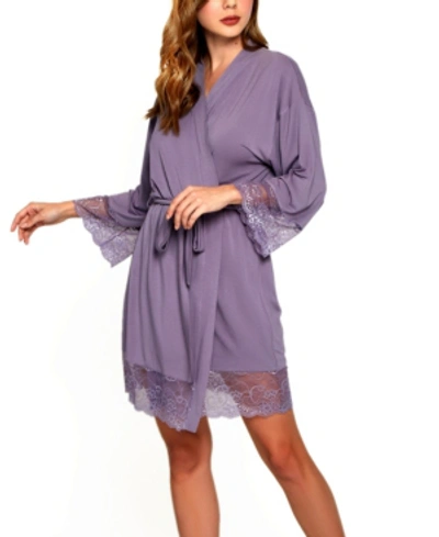 Icollection Olivia Plus Size Soft Viscose Robe With Lace Trim And Waist Tie In Purple
