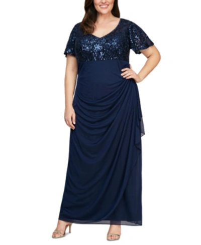 Alex Evenings Plus Size Embroidered-sequin Empire-waist Gown In Navy