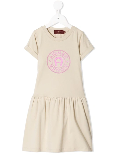 Aigner Kids' Glitter Logo Short-sleeve Dress In Brown